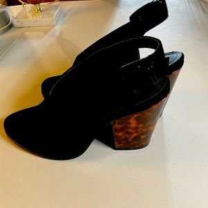 Kenneth Cole black suede mules with tortoise chunky platforms